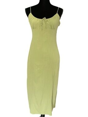 Zara Milkmaid Babydoll Y2K Midi Dress Womens XL Green Slit Cottagecore beach